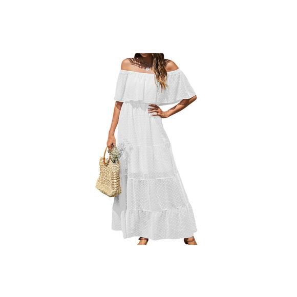 KIRUNDO  NWT Summer Off Shoulder Maxi Dresses Swiss Dot Short Sleeve medium - Picture 5 of 10